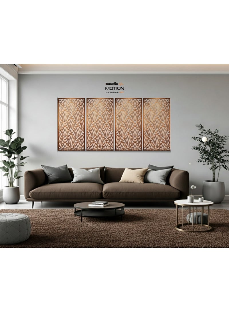 أكويستك موشان لوحات جدارية خشبية من خشب MDF من ACOUSTIC MOTION®، تصميم CALMWAVE مع شريط لاصق مزدوج الوجه، لون بني عصري، مناسبة للمنزل، غرفة المعيشة، غرفة النوم، المكتب والفندق، 25×50×0.5 سم، طقم من 4 قطع - Image 3